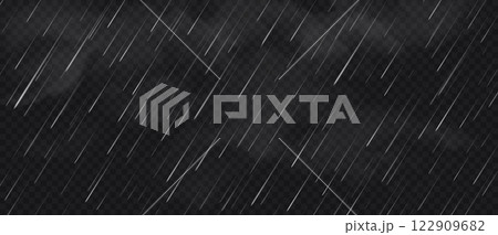 Realistic rain. Falling raindrops with white fog. Realistic rain background, rainy sky effect, autumn or spring rainfall. Vector isolated fall weather texture 122909682