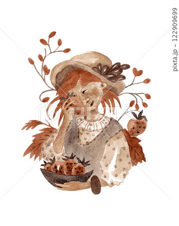 Fairytale kind granny in a beautiful hat and a bowl of berries in her hands. Isolated watercolor illustration for your design 122909699