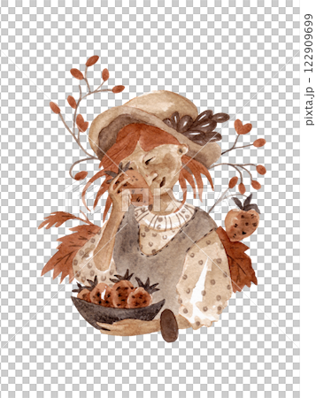 Fairytale kind granny in a beautiful hat and a bowl of berries in her hands. Isolated watercolor illustration for your design 122909699