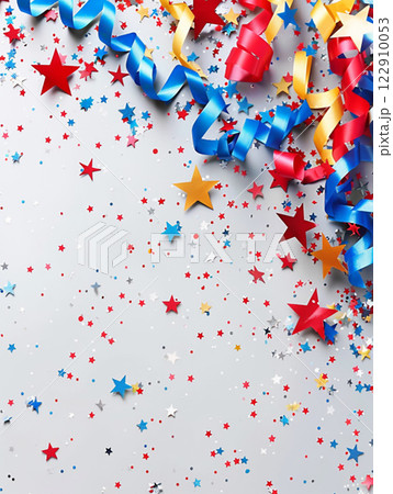 Party helium stars and ribbons for event design on white background. Birthday wallpaper for design 122910053