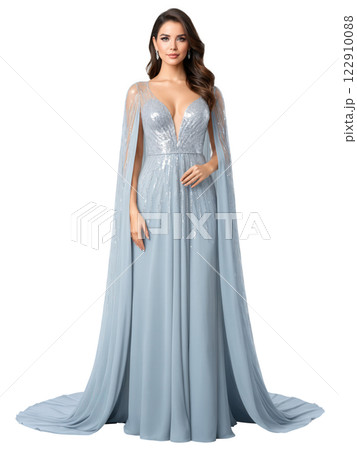 Luxurious sequin gown with cape sleeves and sheer fabric accents, floor-length with fitted bodice, long flowing cape sleeves, fully covered 122910088