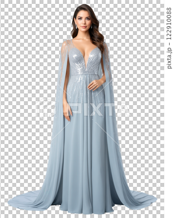 Luxurious sequin gown with cape sleeves and sheer fabric accents, floor-length with fitted bodice, long flowing cape sleeves, fully covered 122910088
