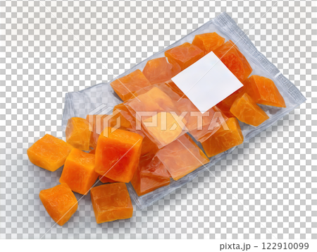 Dried Mango Chunks (Mangifera indica) Dried mango chunks inside clear plastic packaging. The deep orange color and rough texture of 122910099