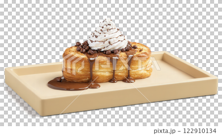 Mocha mousse croissant French toast with layers of soft, buttery croissants soaked in a rich mocha mousse custard and lightly 122910134