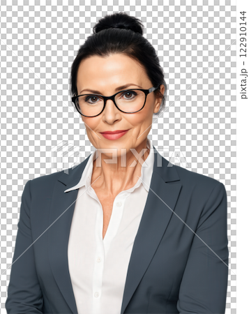 European woman aged 40-50 years old, wearing smart casual, looking confident with glasses, with ponytail and black hair. European woman aged 40-50 years old, wearing smart casual, looking confident with glasses, with ponytail and black hair. 122910144