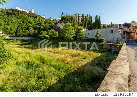 The winding narrow streets, stairs and charming architecture of Spoleto 122910294