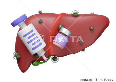 3d realistic human liver with hepatitis virus infection, vaccine, syringe isolated. liver, gallbladder structure, organs concept, 3d illustration render 122910555