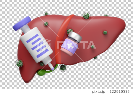 3d realistic human liver with hepatitis virus infection, vaccine, syringe isolated. liver, gallbladder structure, organs concept, 3d illustration render 122910555