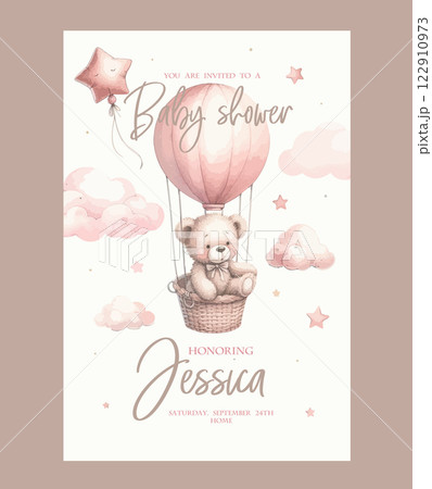 Watercolor baby shower invitation. Greeting card with teddy bear girl on Hot Air Balloon. 122910973