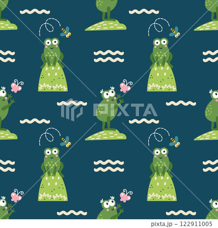 Endless seamless pattern with cute frogs for sewing baby clothes. Green background for wrapping paper. Endless seamless pattern with cute frogs for sewing baby clothes. Green background for wrapping paper. 122911005