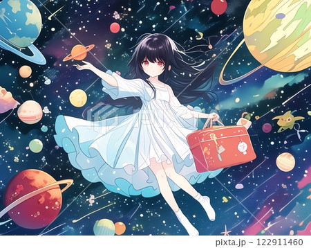 宇宙を旅する少女と幻想的な惑星たち 122911460