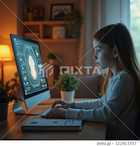 Blonde girl with a computer. 122911557