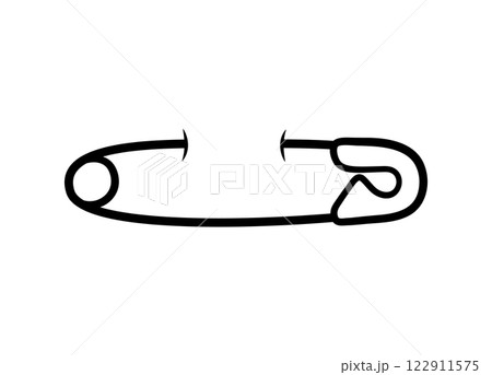 Safety pins. Hand drawn sketch icons of sewing pin pinned to fabric. Needlework concept. Isolated vector illustration in doodle line style. 122911575