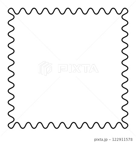 Square frame with serpentine line. Snake-like border and decorative surround formed by a single wavy line, which moves in the form of a sine wave. Isolated black and white illustration over white. 122911578