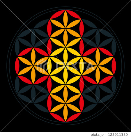 Cross derived from petals of a Flower of Life, a geometric figure of overlapping circles, forming a flower like pattern. Colorful petals in leaded glass window style. Isolated illustration over black. 122911580