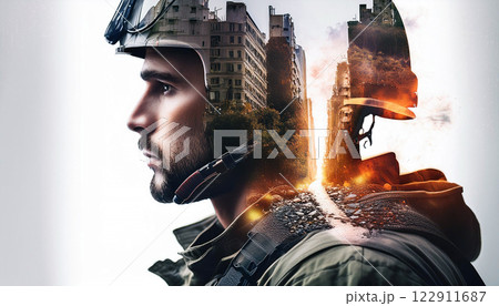 Urban warrior, Double exposure art, Soldier's profile, Burning cityscape, Tactical gear, Bearded hero, War-torn metropolis, Dramatic lighting, Conflict and duty, Cinematic composition, 122911687