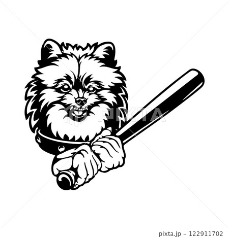 Bad Pomeranian - dog with baseball bat - vector stencil 122911702
