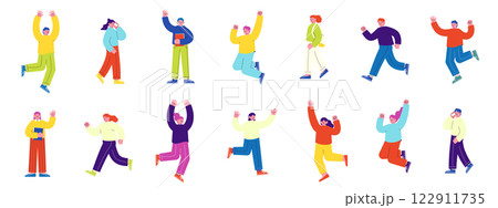 人々のベクターイラストセット。歩いたり、飛び跳ねたり、走ったりする楽しい雰囲気のフラットデザインイラ 122911735