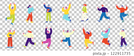 人々のベクターイラストセット。歩いたり、飛び跳ねたり、走ったりする楽しい雰囲気のフラットデザインイラ 122911735