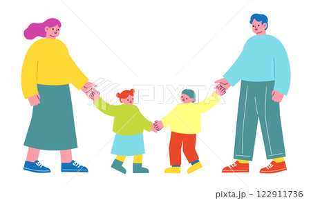 家族のベクターイラスト。子育てをする男女のカップルと、その子供。手を繋いでいる親子のフラットデザイン 122911736