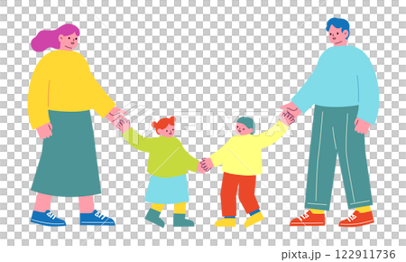 家族のベクターイラスト。子育てをする男女のカップルと、その子供。手を繋いでいる親子のフラットデザイン 122911736