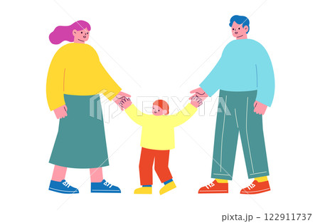 家族のベクターイラスト。子育てをする男女のカップルと、その子供。手を繋いでいる親子のフラットデザイン 家族のベクターイラスト。子育てをする男女のカップルと、その子供。手を繋いでいる親子のフラットデザイン 122911737