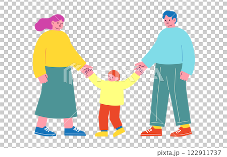 家族のベクターイラスト。子育てをする男女のカップルと、その子供。手を繋いでいる親子のフラットデザイン 家族のベクターイラスト。子育てをする男女のカップルと、その子供。手を繋いでいる親子のフラットデザイン 122911737