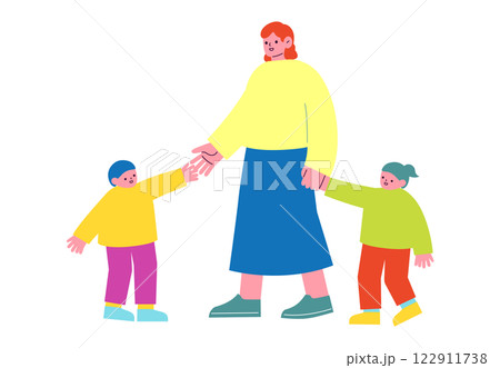 家族のベクターイラスト。子育てをする女性と、その子供。手を繋いでいる親子のフラットデザインイラスト。 122911738