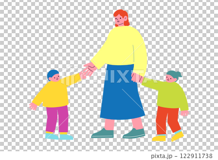 家族のベクターイラスト。子育てをする女性と、その子供。手を繋いでいる親子のフラットデザインイラスト。 122911738
