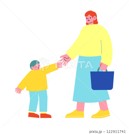 子育てをする女性と、その子供。手を繋いで買い物をする親子のフラットデザインイラスト。家族のベクターイ 子育てをする女性と、その子供。手を繋いで買い物をする親子のフラットデザインイラスト。家族のベクターイ 122911741