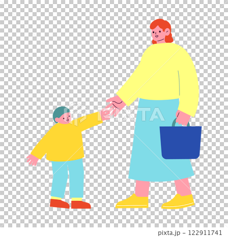 A woman raising a child and her child. Flat design illustration of a parent and child holding hands and shopping. Family vector illustration 122911741