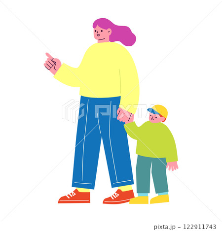 手を繋いでいる親子のフラットデザインイラスト。子育てをする女性と、その子供。家族のベクターイラスト。 122911743