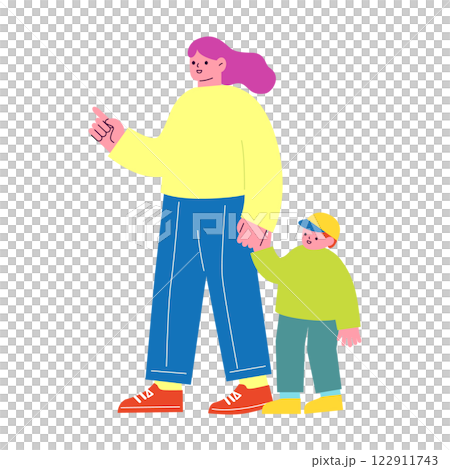 手を繋いでいる親子のフラットデザインイラスト。子育てをする女性と、その子供。家族のベクターイラスト。 122911743