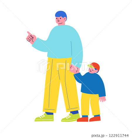 手を繋いでいる親子のフラットデザインイラスト。子育てをする男性と、その子供。家族のベクターイラスト。 122911744