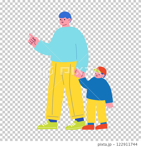 Flat design illustration of a parent and child holding hands. A man raising a child and his child. Vector illustration of a family. 122911744