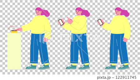 Flat illustration of a woman making a cashless payment. She holds her smartphone over the screen to purchase a ticket with an electronic ticket. Flat illustration of a woman making a cashless payment. She holds her smartphone over the screen to purchase a ticket with an electronic ticket. 122911745