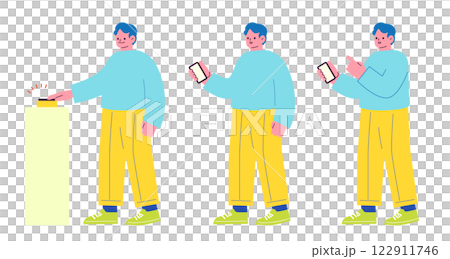 Flat illustration of a man making a cashless payment. Hold your smartphone to purchase a ticket with an electronic ticket. 122911746