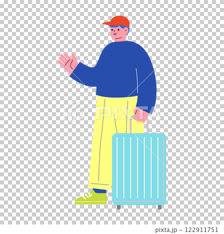 Vector flat illustration of a man traveling. Man in casual style with a suitcase. 122911751