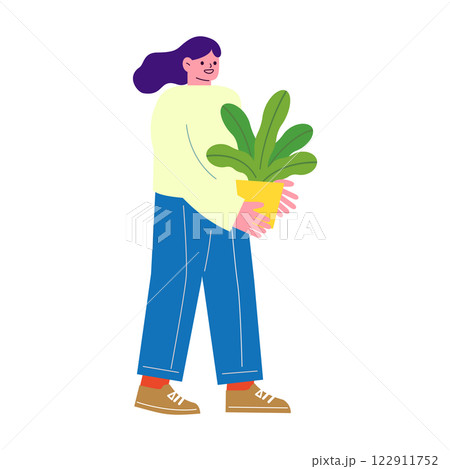 観葉植物を運ぶ女性のベクターフラットイラスト。新生活の為に引越し作業をするイメージ。 観葉植物を運ぶ女性のベクターフラットイラスト。新生活の為に引越し作業をするイメージ。 122911752