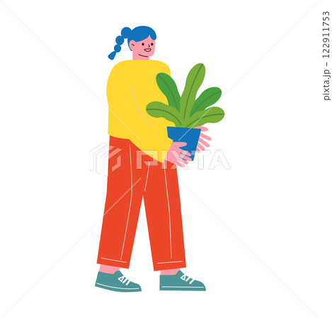 観葉植物を運ぶ女性のベクターフラットイラスト。新生活の為に引越し作業をするイメージ。 122911753