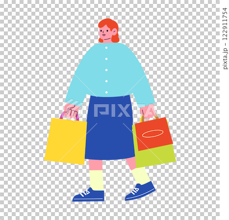 Vector flat illustration of a woman enjoying shopping. Walking with many paper bags. Vector flat illustration of a woman enjoying shopping. Walking with many paper bags. 122911754