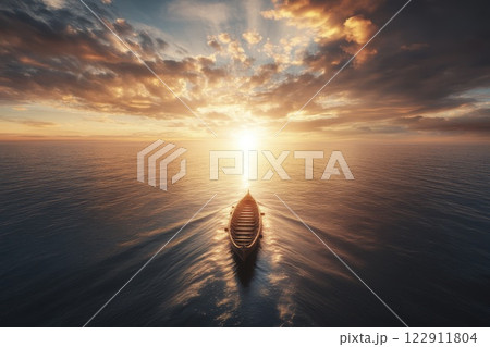 Sailing towards a golden horizon as the sun sets over tranquil waters on a serene evening. Generative AI 122911804