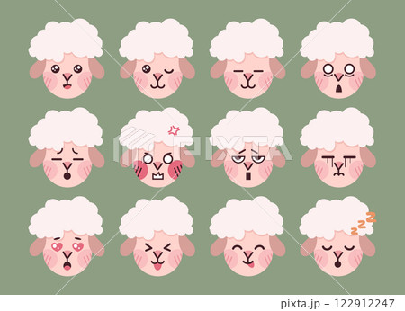 Cute sheep character manga emoji set. Sheep animal cartoon mascot emoji icons. Vector illustration Cute sheep character manga emoji set. Sheep animal cartoon mascot emoji icons. Vector illustration 122912247