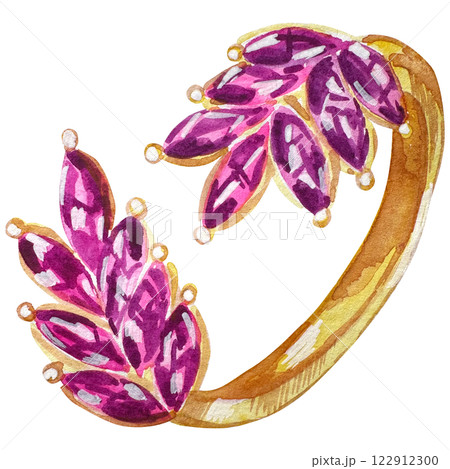 Watercolor illustration of a golden ring with pink crystals. Wedding accessories made of gold, wedding decorations in sketch style. Jewelry illustration. 122912300
