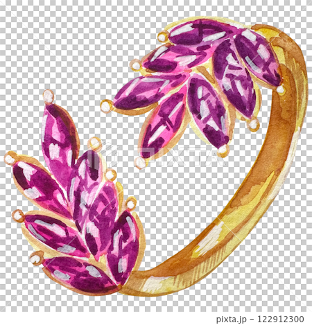 Watercolor illustration of a golden ring with pink crystals. Wedding accessories made of gold, wedding decorations in sketch style. Jewelry illustration. 122912300