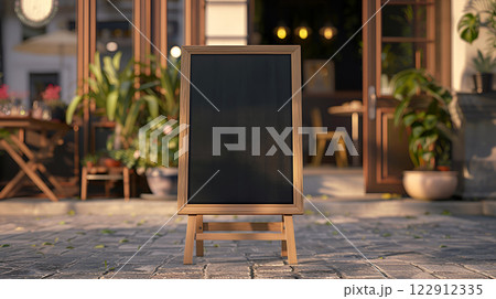wooden-framed blank chalkboard sign stands on cobblestone sidewalk outside cozy cafe with potted plants, custom text or branding , business presentations, restaurant promotions, marketing materials 122912335