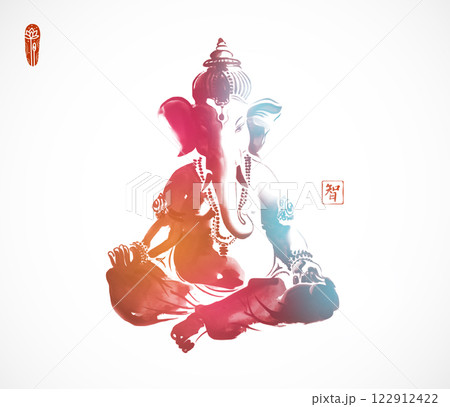 Colored ink painting of Ganesha sitting cross-legged. Traditional oriental ink painting sumi-e, u-sin, go-hua on white background. Hieroglyph - wisdom 122912422