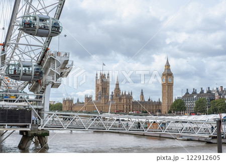 London cityscape features the clock tower and observation wheel, illustrating the harmony of traditional and contemporary architecture. London cityscape features the clock tower and observation wheel, illustrating the harmony of traditional and contemporary architecture. 122912605