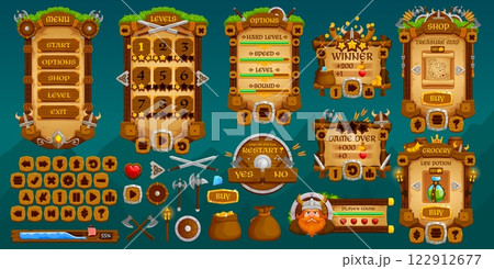 Medieval Vikings game interface. Vintage martial game buttons, gui elements game asset featuring wooden menus and interactive icons, incorporate swords, shields, axes and treasure for adventure or rpg 122912677