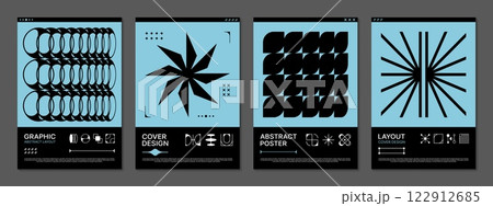 Vertical brutal y2k posters with geometric shapes. Abstract vector modern creative templates featuring faded blue and black colors creating contemporary graphic design for retro y2k art exhibitions 122912685